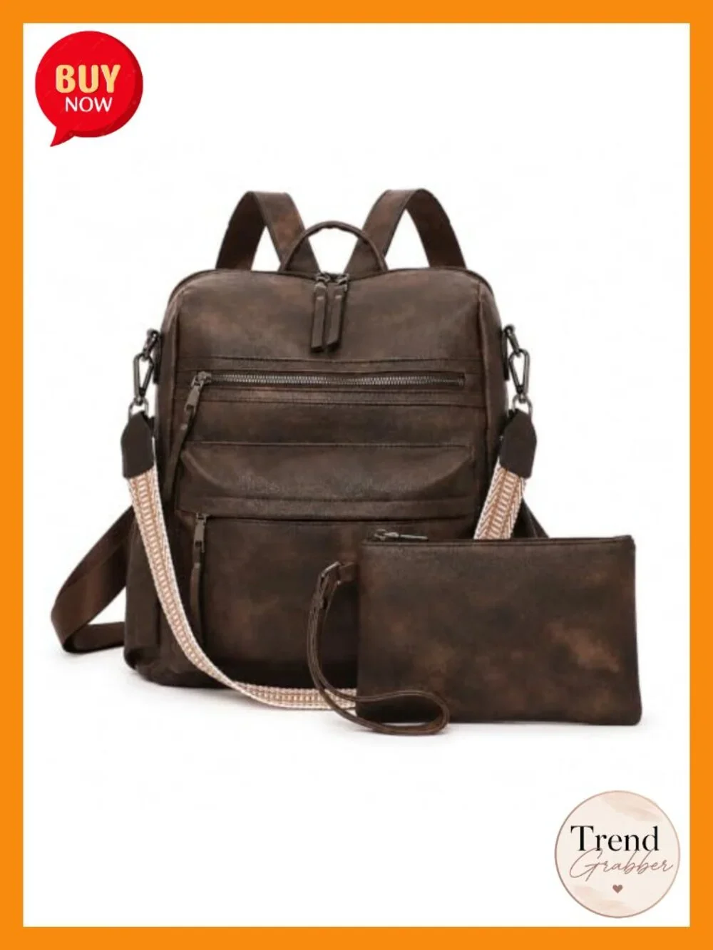 Faux Leather Convertible Travel Backpack Purse with Wristlet